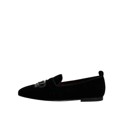 Dolce & Gabbana Black Velvet Crystal Crown Loafers Formal Dress Shoes