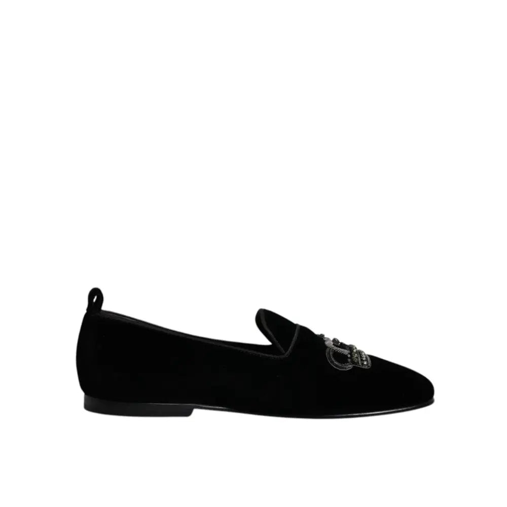Dolce & Gabbana Black Velvet Crystal Crown Loafers Formal Dress Shoes