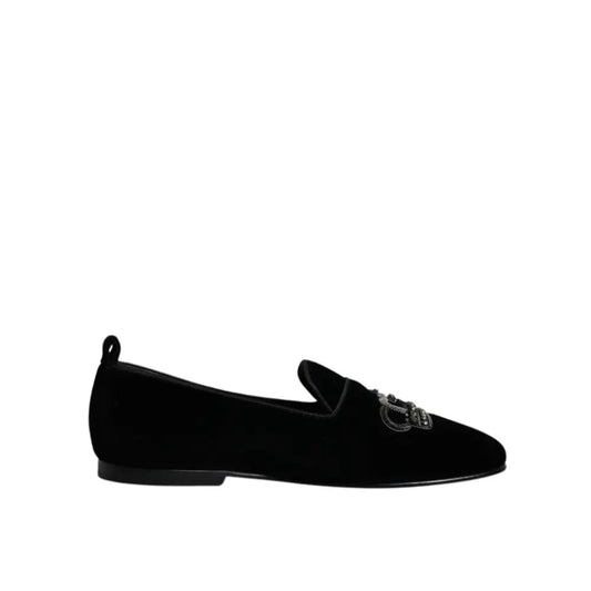 Dolce & Gabbana Black Velvet Crystal Crown Loafers Formal Dress Shoes