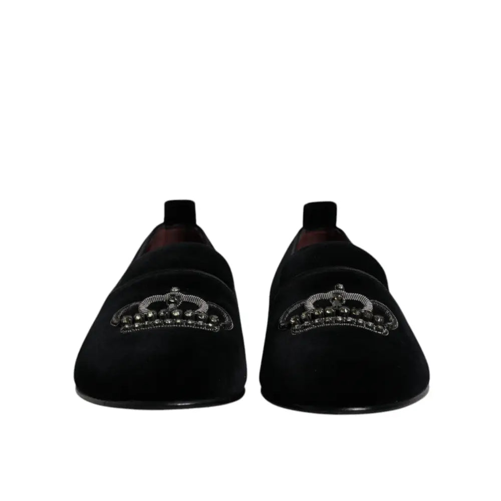 Dolce & Gabbana Black Velvet Crystal Crown Loafers Formal Dress Shoes