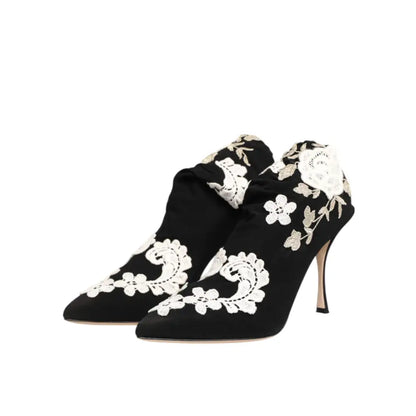 Dolce & Gabbana Black White Embroidered Jersey Stiletto Boots Shoes