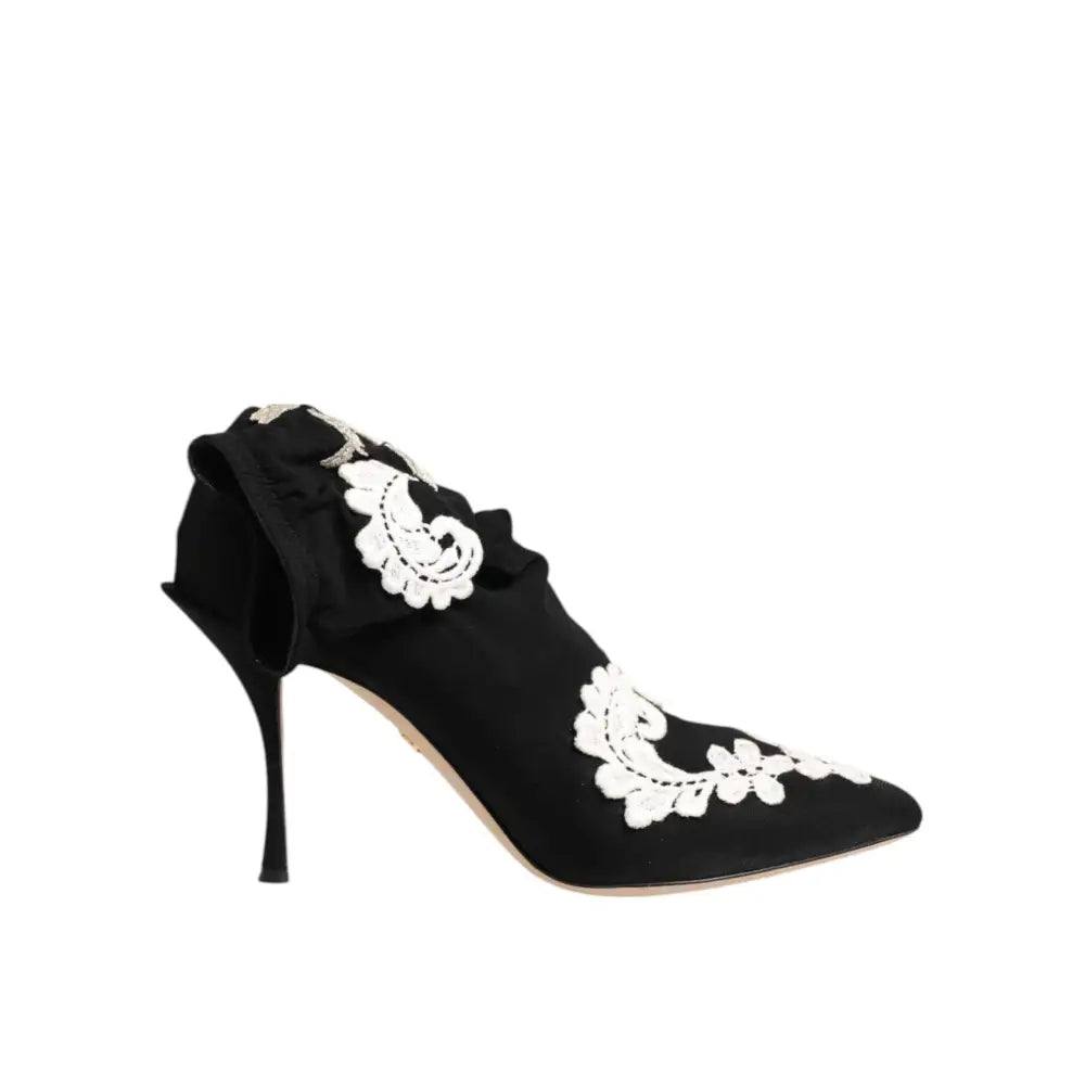Dolce & Gabbana Black White Embroidered Jersey Stiletto Boots Shoes