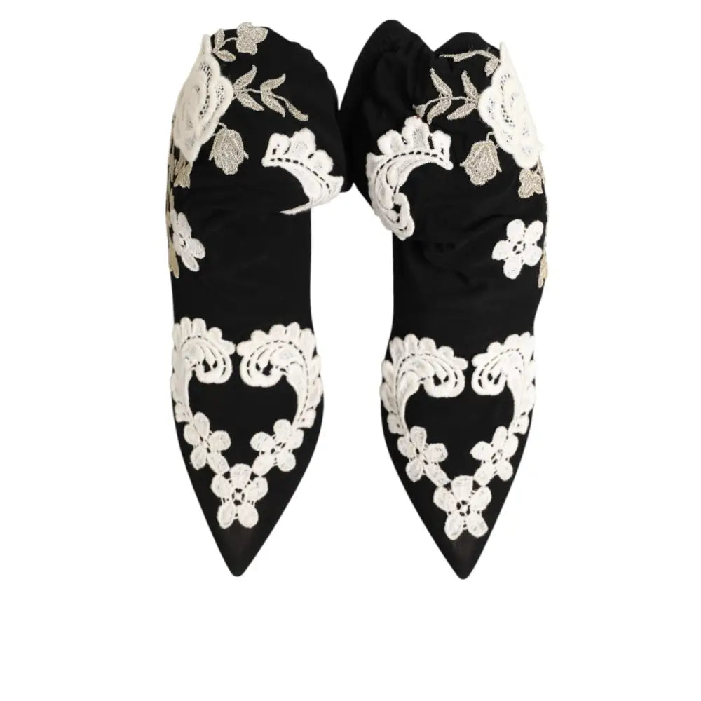 Dolce & Gabbana Black White Embroidered Jersey Stiletto Boots Shoes