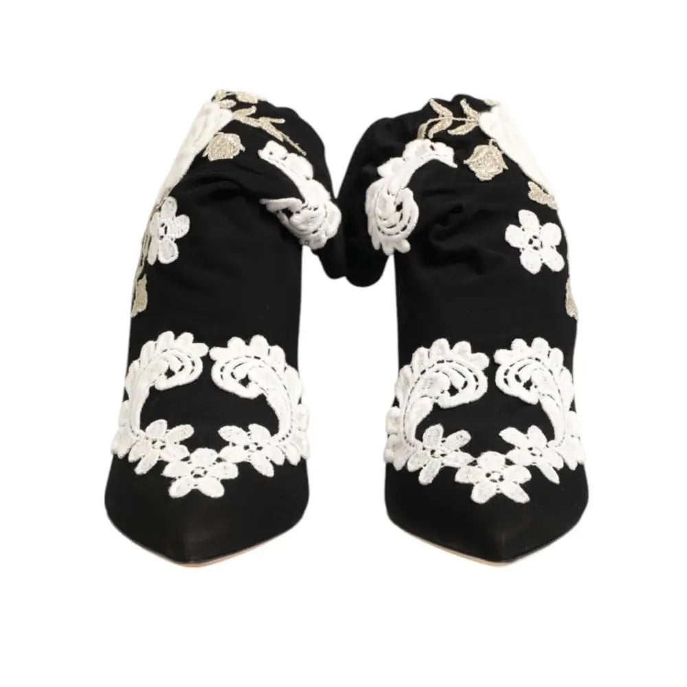 Dolce & Gabbana Black White Embroidered Jersey Stiletto Boots Shoes