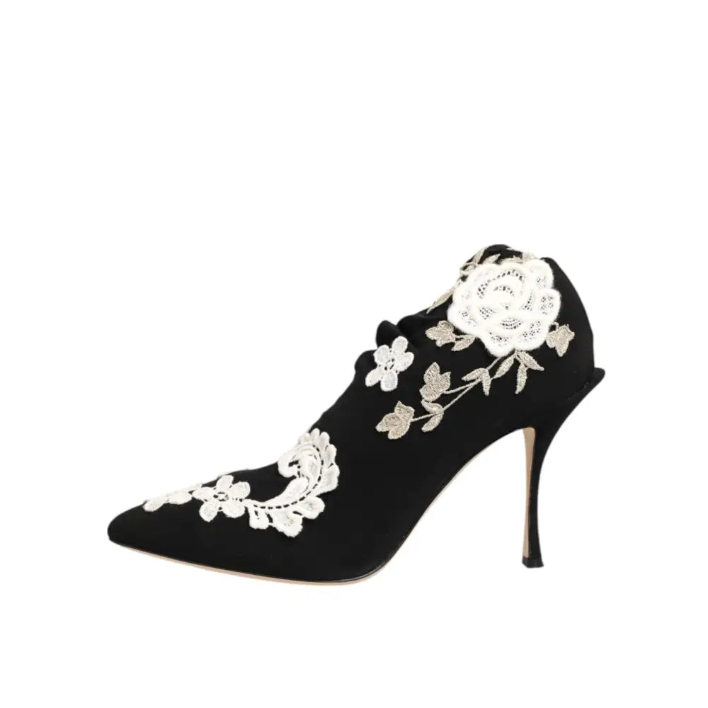 Dolce & Gabbana Black White Embroidered Jersey Stiletto Boots Shoes