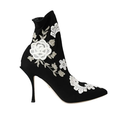 Dolce & Gabbana Black White Embroidery Slip On Boots Shoes