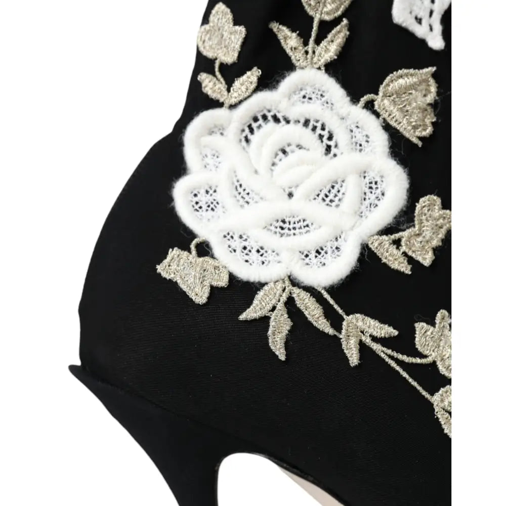 Dolce & Gabbana Black White Embroidery Slip On Boots Shoes