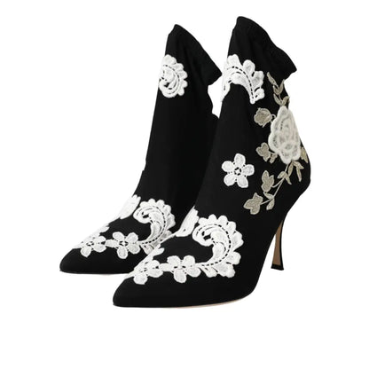 Dolce & Gabbana Black White Embroidery Slip On Boots Shoes