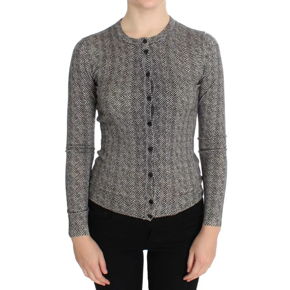Dolce & Gabbana cardigan sweater i herringbone, sort-hvid uld, 100% originale brands