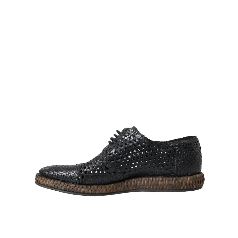 Dolce & Gabbana Black Woven Goat Leather Lace Up Derby Shoes