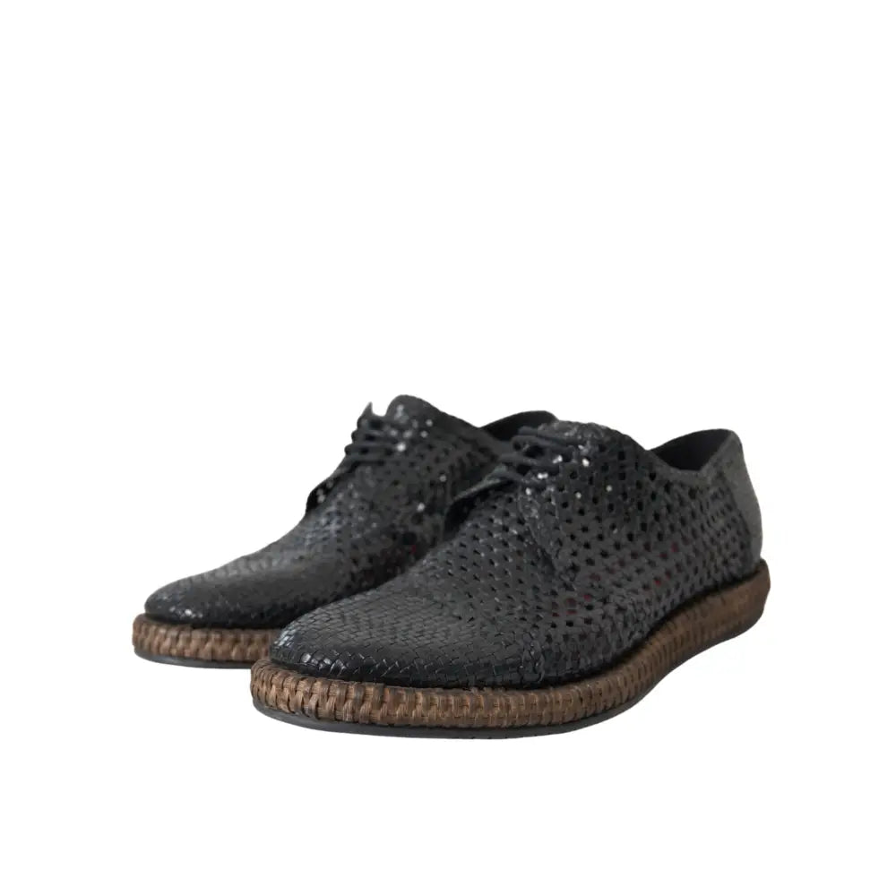 Dolce & Gabbana Black Woven Goat Leather Lace Up Derby Shoes