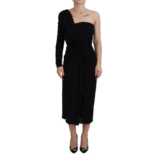 Dolce & Gabbana Black Wrap Sheath One Shoulder Wool Dress