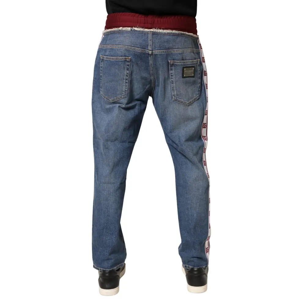 Dolce & Gabbana blue cotton drawstring straight denim jeans with maroon elastic waistband and repeating logo stripe