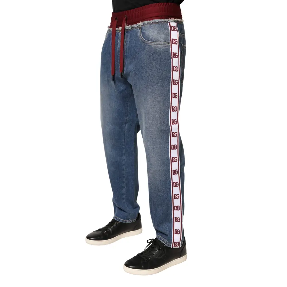 Dolce & Gabbana blue cotton drawstring straight denim jeans with maroon waistband