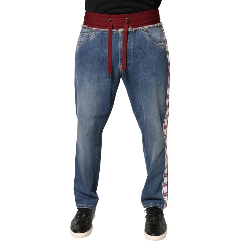 Dolce & Gabbana blue cotton drawstring straight denim jeans with maroon waistband and Diesel stripe