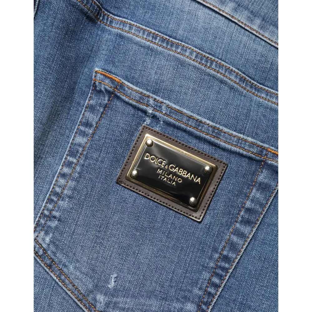 Dolce & Gabbana blue tattered skinny cotton denim jeans with black leather patch