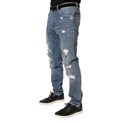 Dolce & Gabbana blue tattered slim fit jeans med revne knæ og sort bælte