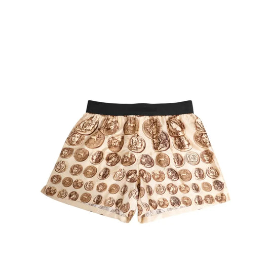 Dolce & Gabbana Brown Ancient Coin Print Silk Shorts Swimwear