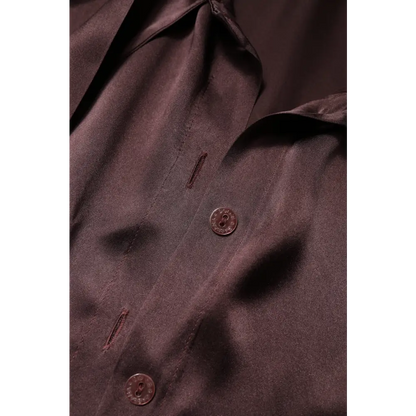 Dolce & Gabbana brown ascot collar long ærmet bluse i mørkebrun satin med skær og metal knapper