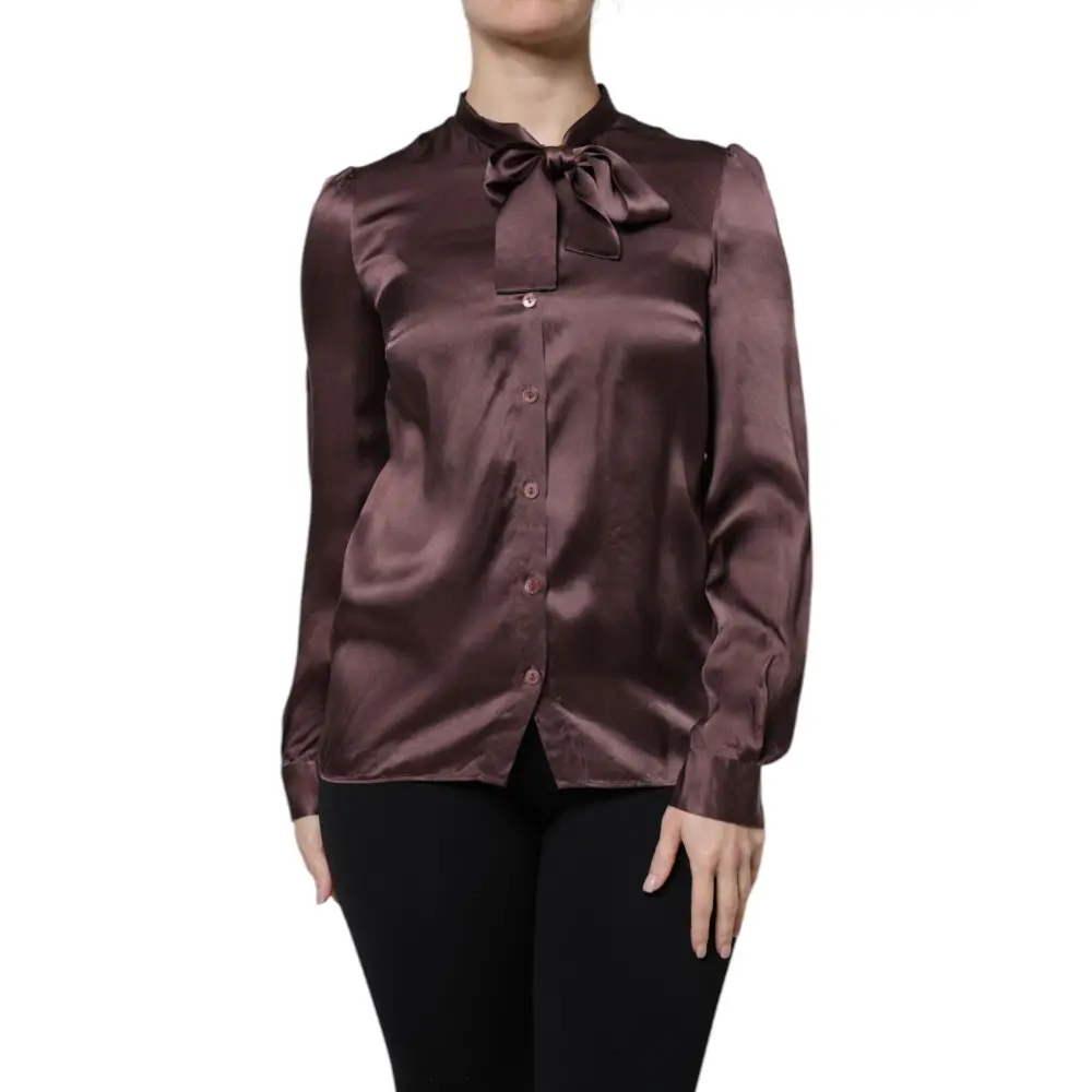 Elegant Dolce & Gabbana brown ascot collar long-sleeved satin blouse i burgundy