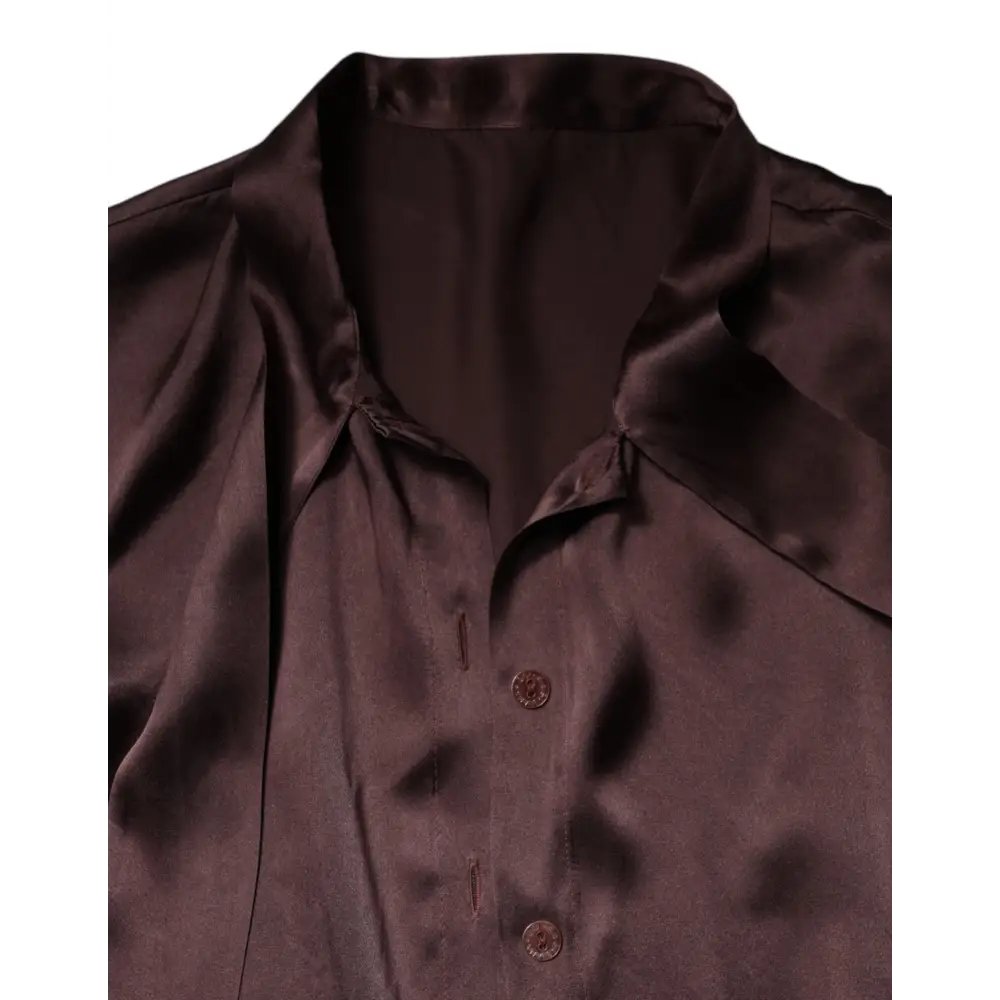 Dolce & Gabbana brown ascot collar long ærmet bluse i mørk brun satin med skinn og knapper