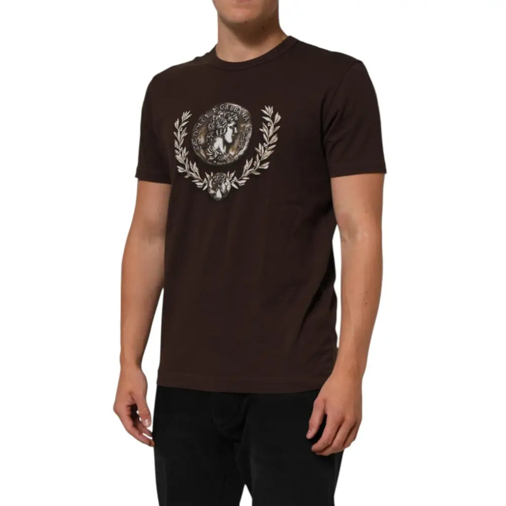 Dolce & Gabbana Brown Coin Laurel Print Men Crew Neck T-shirt