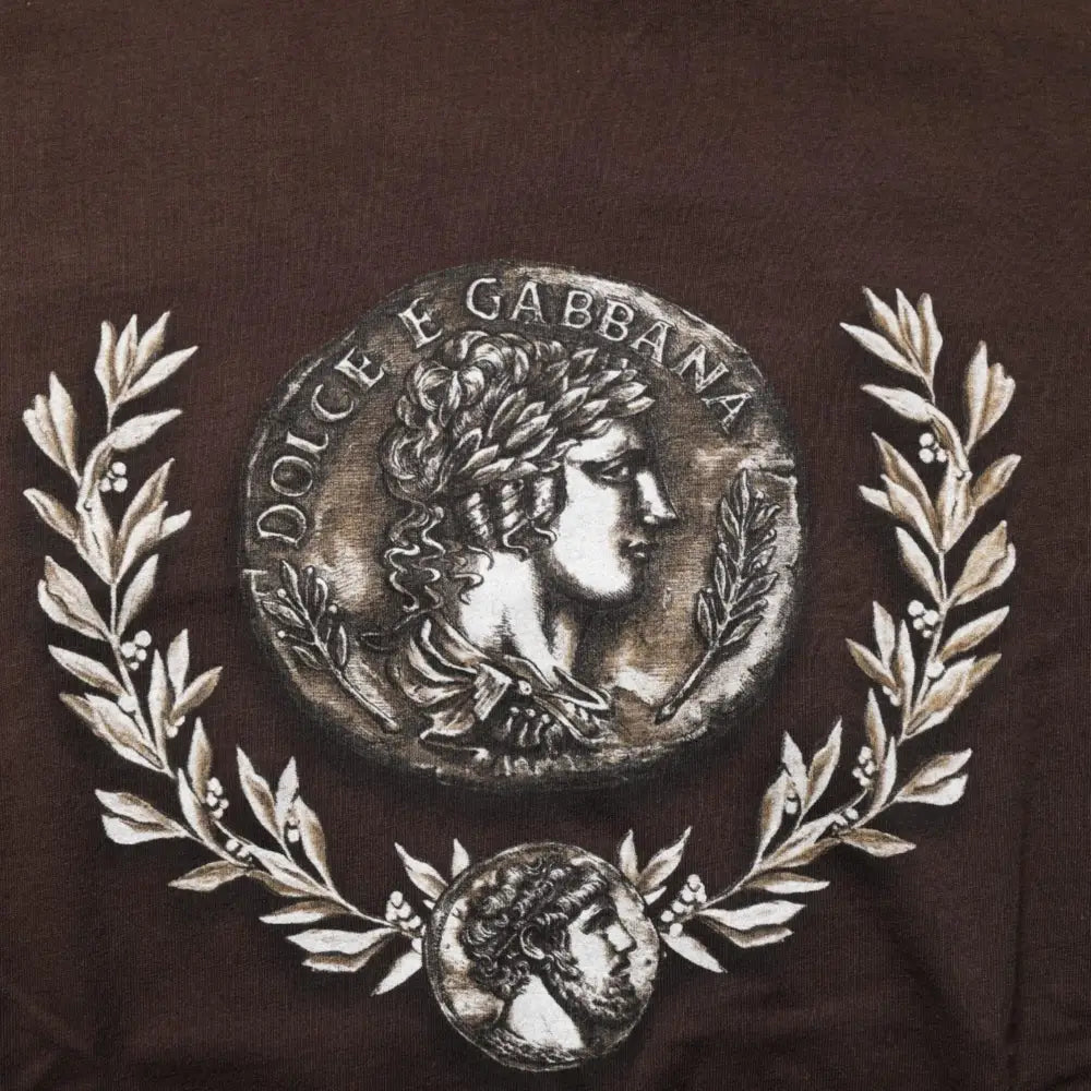 Dolce & Gabbana Brown Coin Laurel Print Men Crew Neck T-shirt
