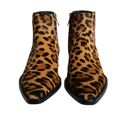Dolce & Gabbana Brown Leopard Calf Fur Ankle Boots Shoes