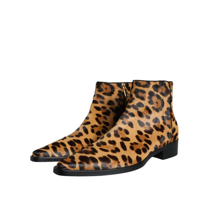 Dolce & Gabbana Brown Leopard Calf Fur Ankle Boots Shoes