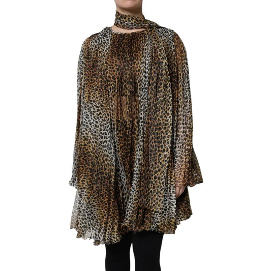 Dolce & Gabbana Brown Leopard Print Scarf Collared Chiffon Dress