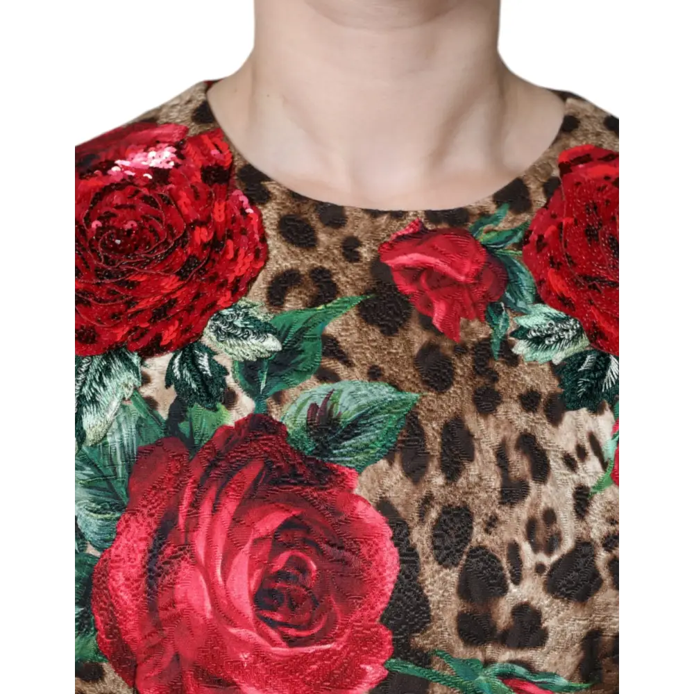 Dolce & Gabbana Brown Leopard Red Roses Cotton A-line Dress
