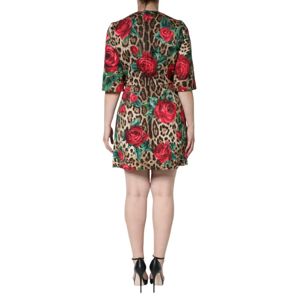 Dolce & Gabbana Brown Leopard Red Roses Cotton A-line Dress