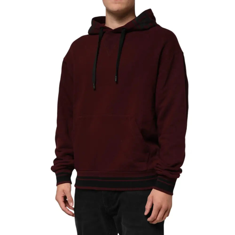 Dolce & Gabbana Burgundy Cotton Plaid Lined Men Hoodie Sweater