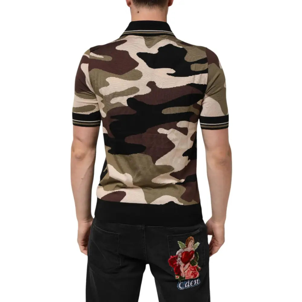Dolce & Gabbana Camouflage Brown Silk MilitaryPolo T-shirt