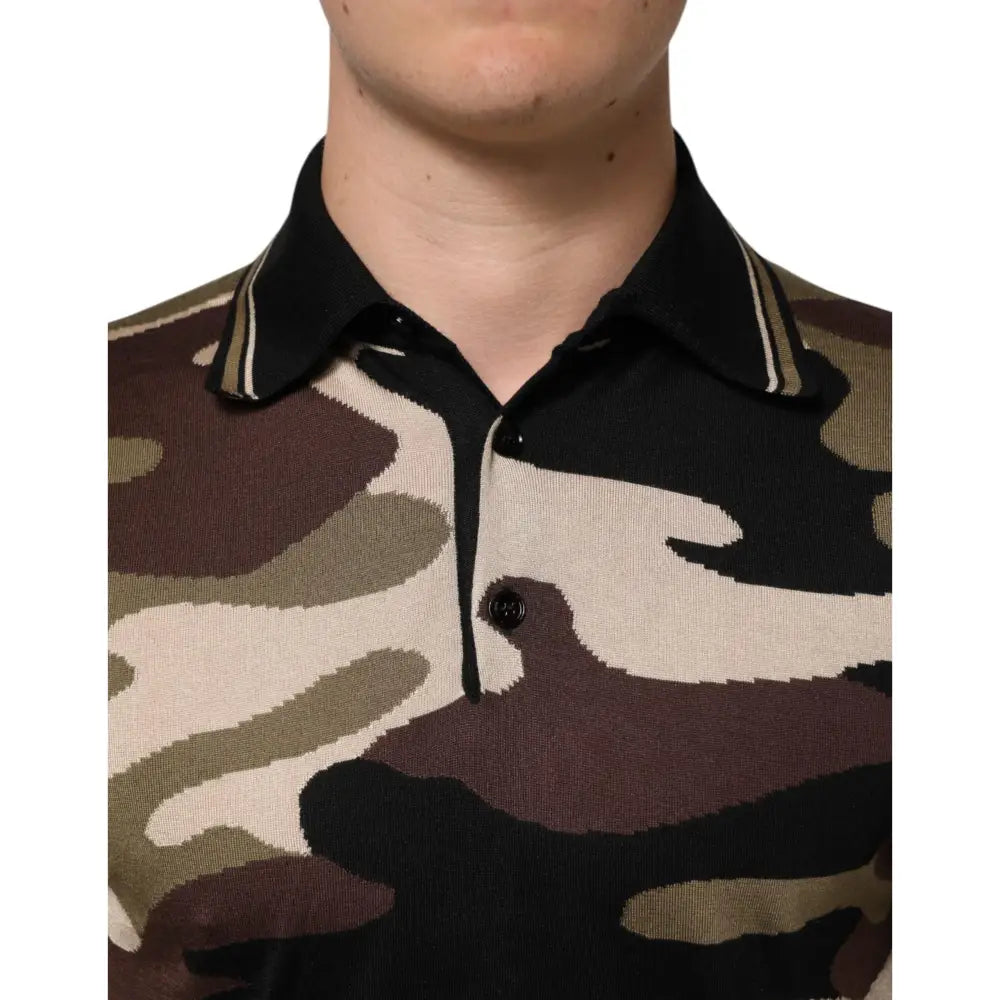 Dolce & Gabbana Camouflage Brown Silk MilitaryPolo T-shirt