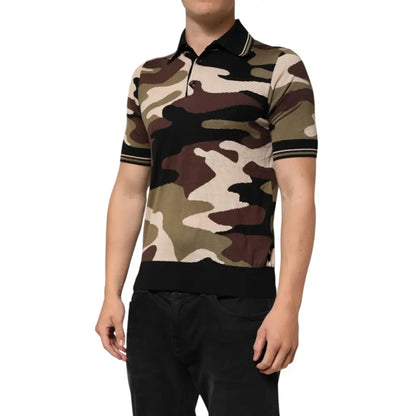 Dolce & Gabbana Camouflage Brown Silk MilitaryPolo T-shirt