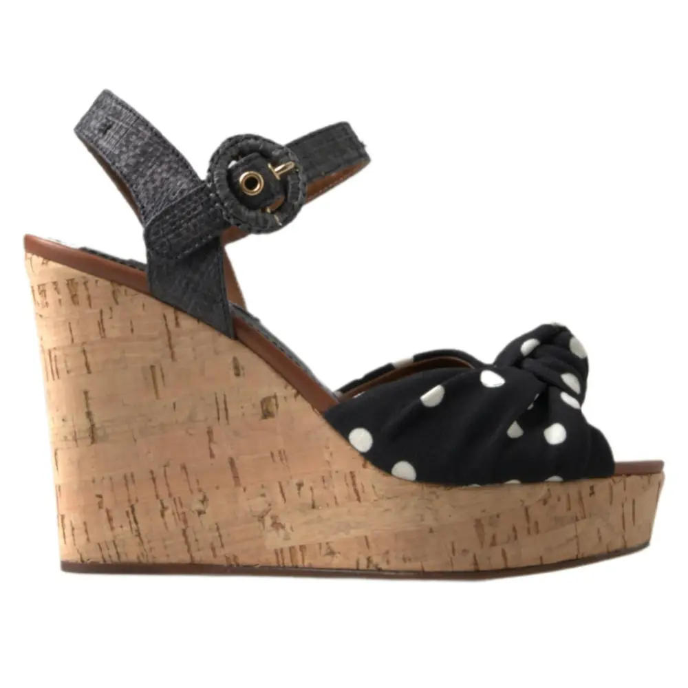 Dolce & Gabbana sorte polkaprikede bow-sandal med korkklæs og denimrem. Spar 30-70% på 100% originale brands