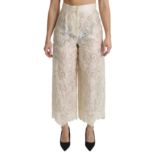 Dolce & Gabbana Cream Lace High Waist Palazzo Cropped Pants
