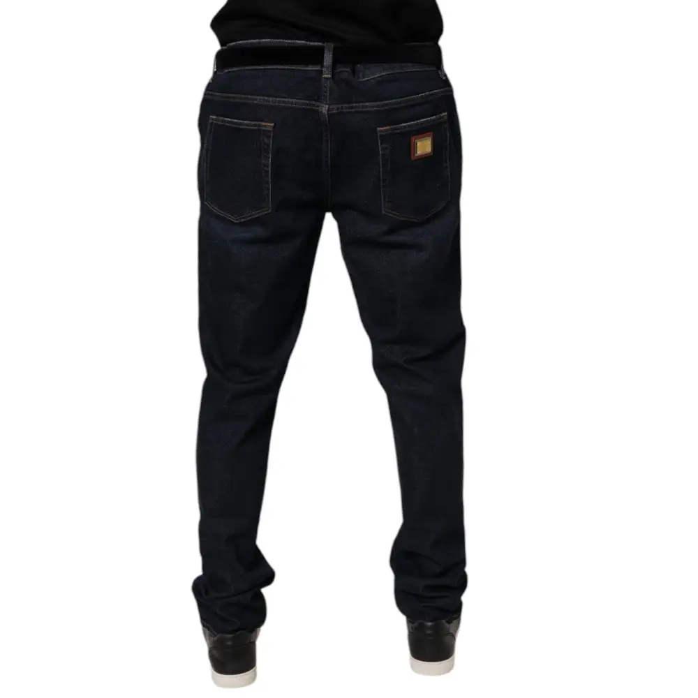 Mørkeblå Dolce & Gabbana bomuld stretch skinny jeans med ligeben og læderplet