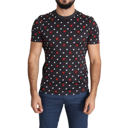 Sort Dolce & Gabbana hjerte-print T-shirt med røde og hvide hjerter, outlet mærkevarer