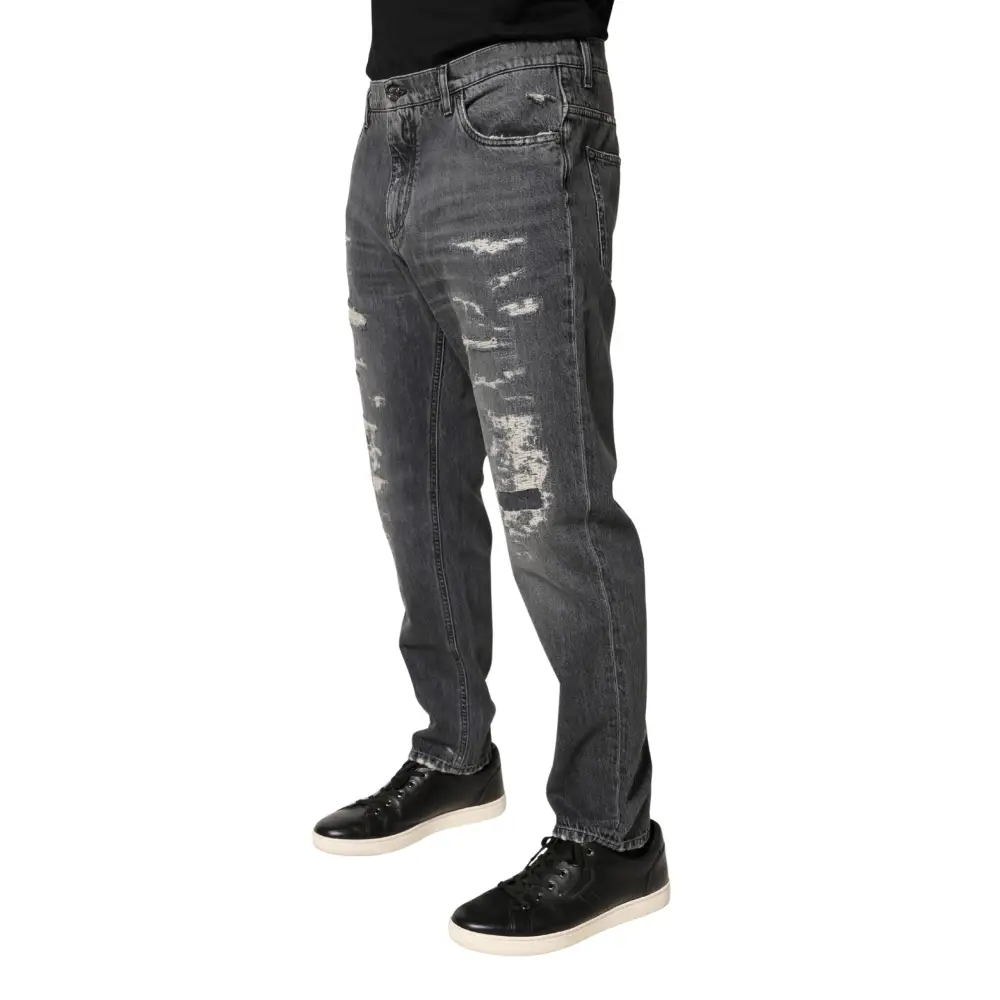 Dolce & Gabbana dark gray tattered cotton loose denim jeans with faded patches