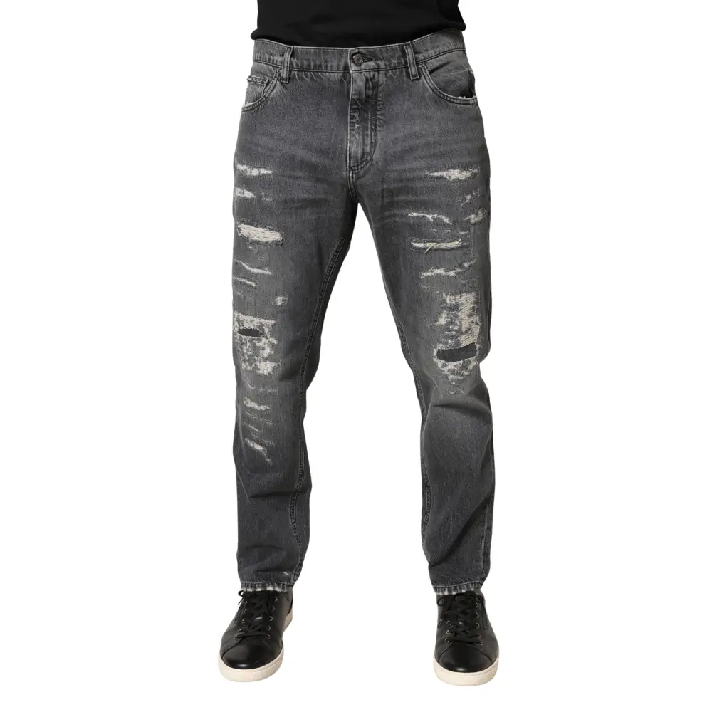 Dolce & Gabbana dark gray tattered cotton loose denim jeans with rips