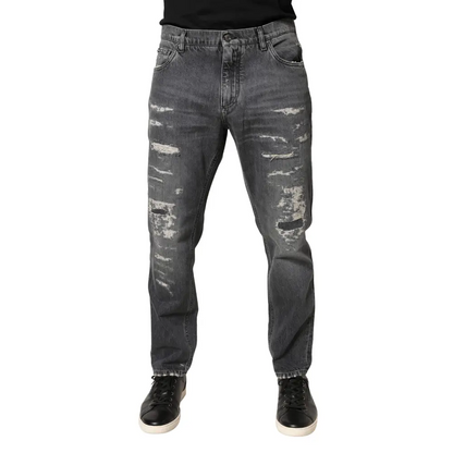 Dolce & Gabbana dark gray tattered cotton loose denim jeans with rips
