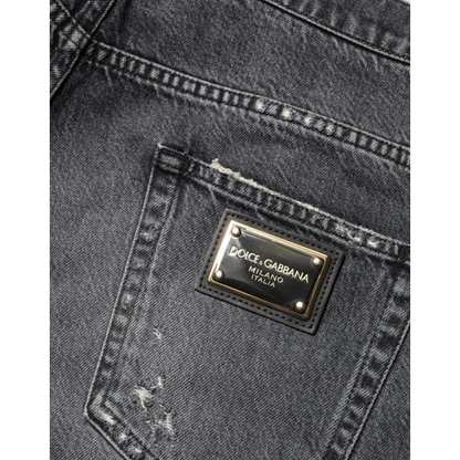Dolce & Gabbana dark gray tattered cotton jeans with gold-tone plaque