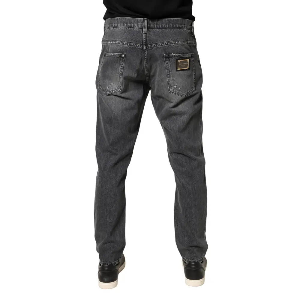 Dolce & Gabbana dark gray tattered cotton jeans with gold patch
