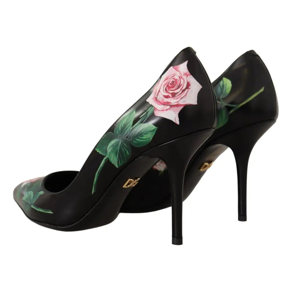 Dolce & Gabbana Elegant Black Rose Print Leather Heels