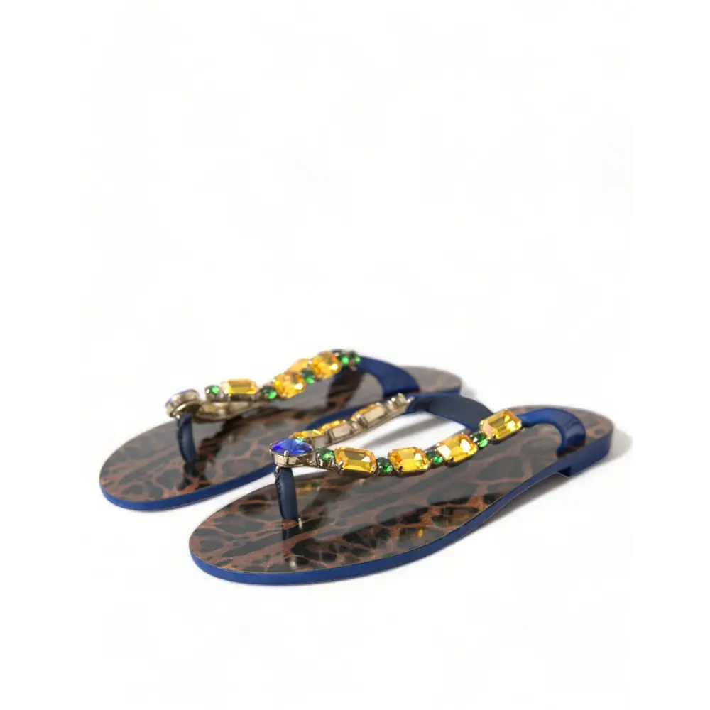 Dolce & Gabbana elegant blue læder flade sandaler med leopardprint og ædelstene