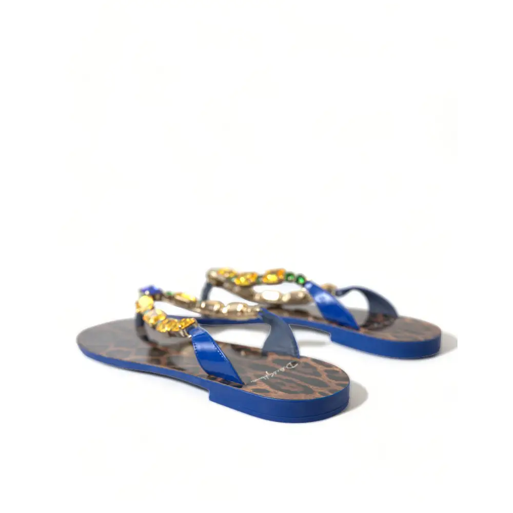 Gabbana elegant blue læder flip-flops med leopardmønster og sten
