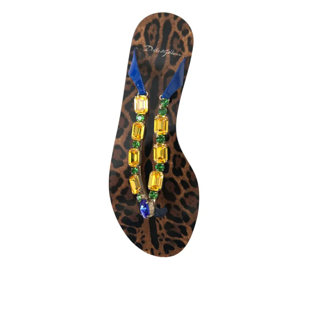 Dolce & Gabbana elegant blue læder flip-flop med leopardprint og krystaller