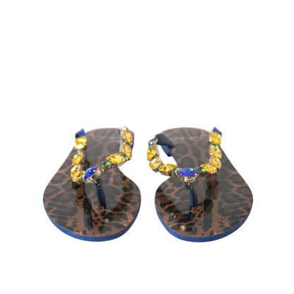 Dolce & Gabbana elegant blue leather flip-flops med leopardprint og ædelstenremme